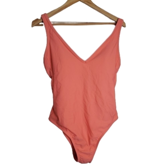 New Kona Sol Peach V-neck One Piece High Back Adjustable Straps Swimsuit Medium - Picture 1 of 10